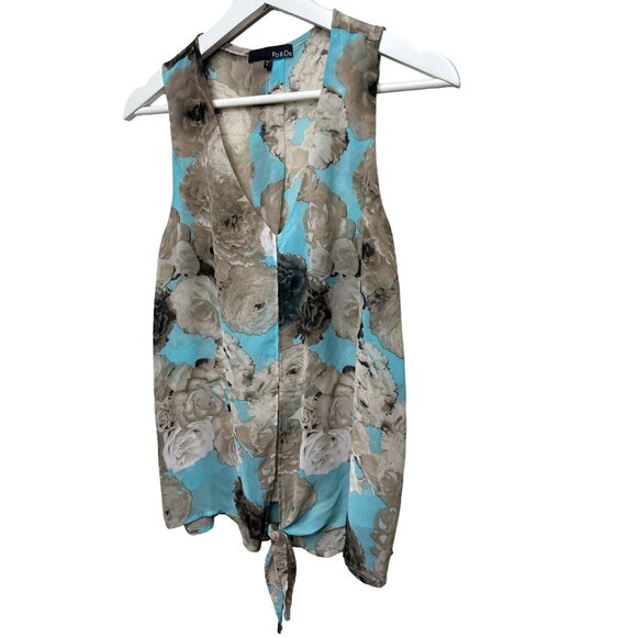 Ro and De Top Womens Small Shirt Blouse Blue Brown Floral Sleeveless Casual Work - Picture 4 of 13